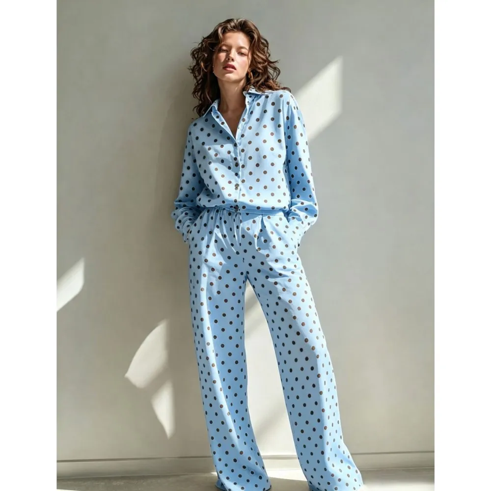 Fall New Dotted Long Sleeved Shirt Long Pants 2 Piece Set Slim Fit Elegant Women's Pocket Atmospheric Office Vacation Pants Set