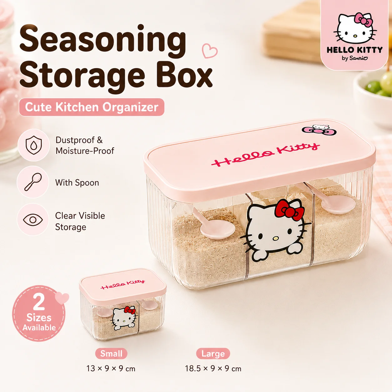 

Sanrio Hello Kitty Kawaii Seasoning Box Clear Spice Storage Container Dustproof Kitchen Organizer With Spoon Home Decor