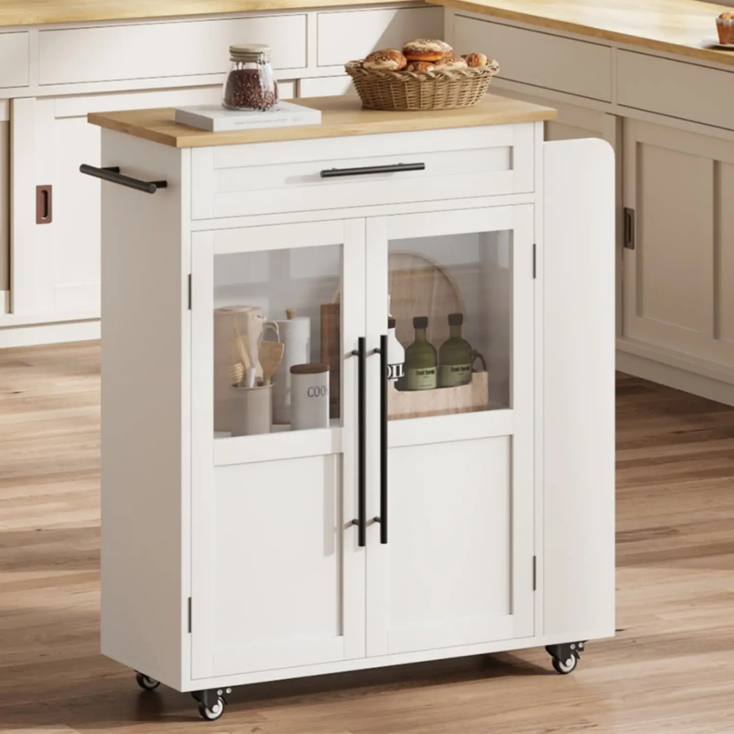 

24" Kitchen Island, Multi-Functional Island Table with 2 Glass Door Cabinets and 1 Drawer, Counter Table with Spice Rack and To