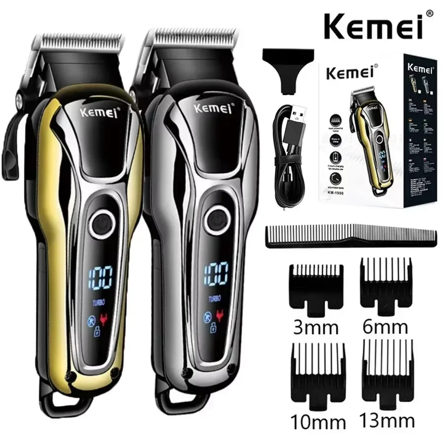 Kemei KM-1990 Haarschneidemaschine für Männer, Elektrischer Trimmer mit LCD-Display, Friseur-Haarschneider, Haarschneideset