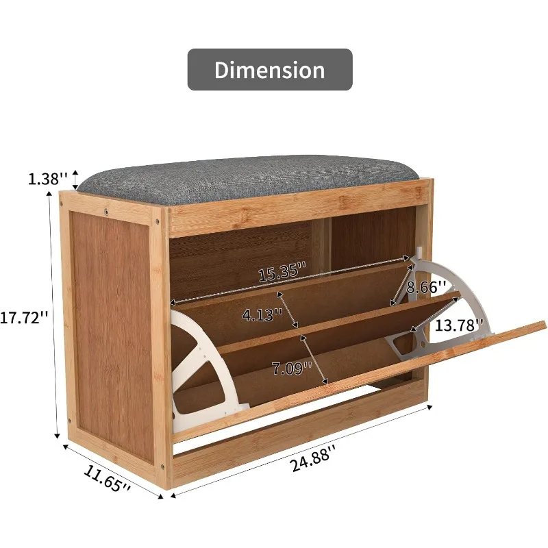 Hidden Bamboo Shoe Bench with Storage, Seat Cushion, Flip Drawer for Entryway, Hallway, Mumroom