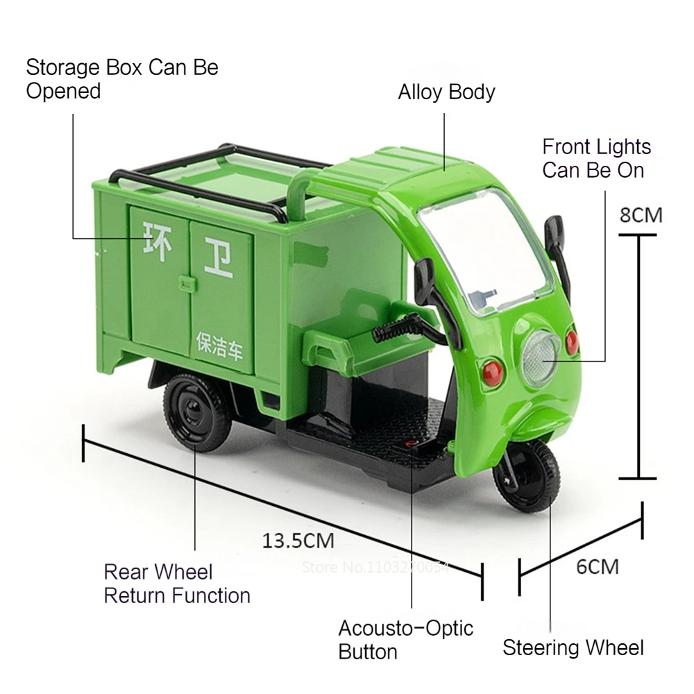 Scale 1/32 Postal Vehicle Sanitation Car Model Toys Diecast Alloy Tricycle Doors Opened Sound Light Pull Back Toy Gifts for Kids