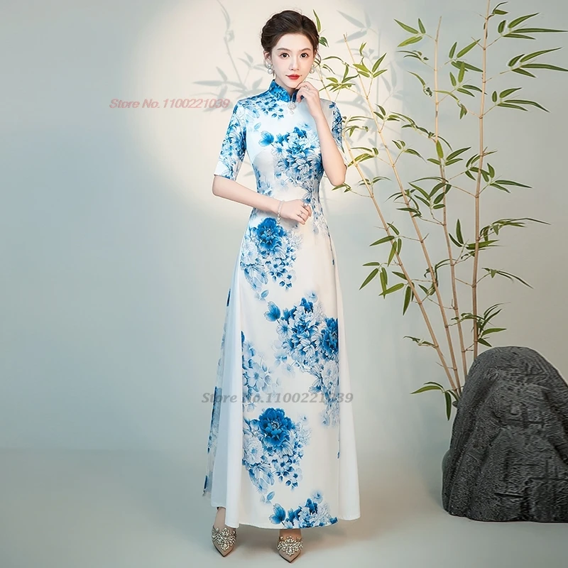 

2024 aodai dress vietnam traditional dress improved qipao national flower print a-line cheongsam oriental banquet evening dress