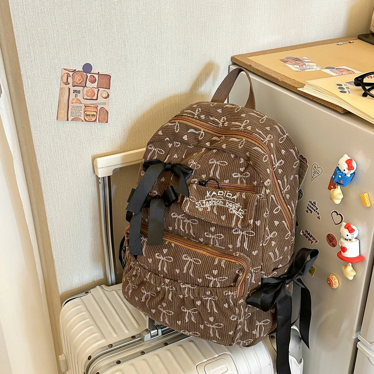 Kawaii Bow Print Backpack for Girls Sweet Lace Ruffle Decor Student School Backpack Cute Floral Pattern Daily Travel Rucksack