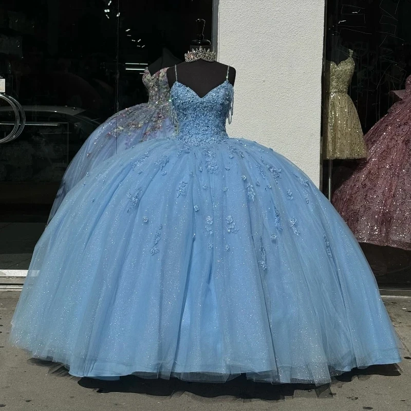 

Sky Blue Shiny Quinceanera Dresses Applique Lace Tull Spaghetti Strap Birthday Party Mexican Girls Prom Gown Vestidos de 15 años