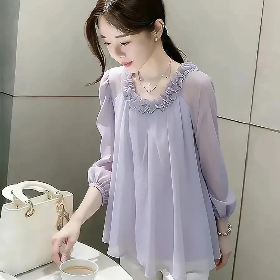2026 Spring/Summer New Chiffon T-shirt Women loose Casual Top Temperament Exquisite lace long Sleeved Sun Protection Shirt