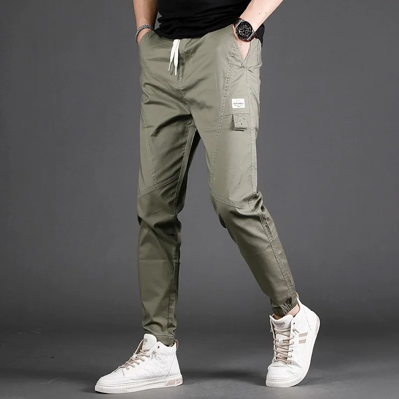 

Casual Pants Summer Men Fashion Korean Style Cotton Lightweight Army Green Elastic Waist Drawstring Trousers