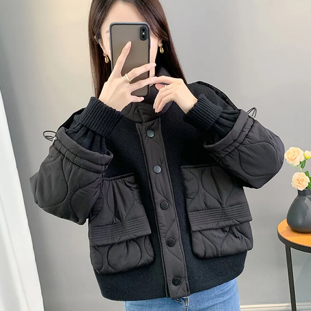 Stand Collar Cotton Coat Female Casual Splicing Single Breasted Jacket 2023 Autumn Winter Fashion Thicken Cardigan Short Outwear