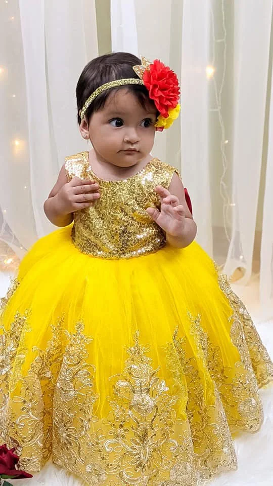 골드 스팽글 소녀 생일 파티 드레스 결혼식 공주 여왕을위한 맞춤형 레이스 꽃의 소녀 드레스 작은 아기 공 가운