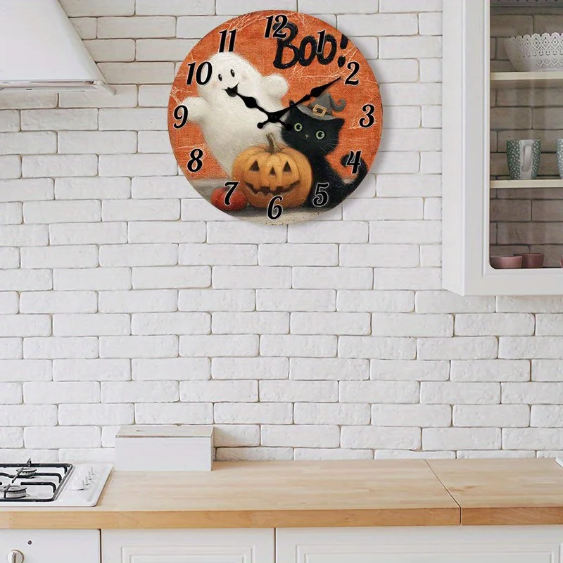 1pc Silent Wall Clock Non-Ticking Wooden, Decorative Circular Clock Halloween-themed clock with ghost and cat Design for Bedroom