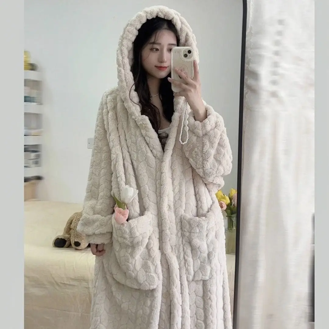 Winter Loose Pocket Robe for Women Nightdress Warm Fleece Pajama One Piece Hooded Sleeping Solid Home Wear