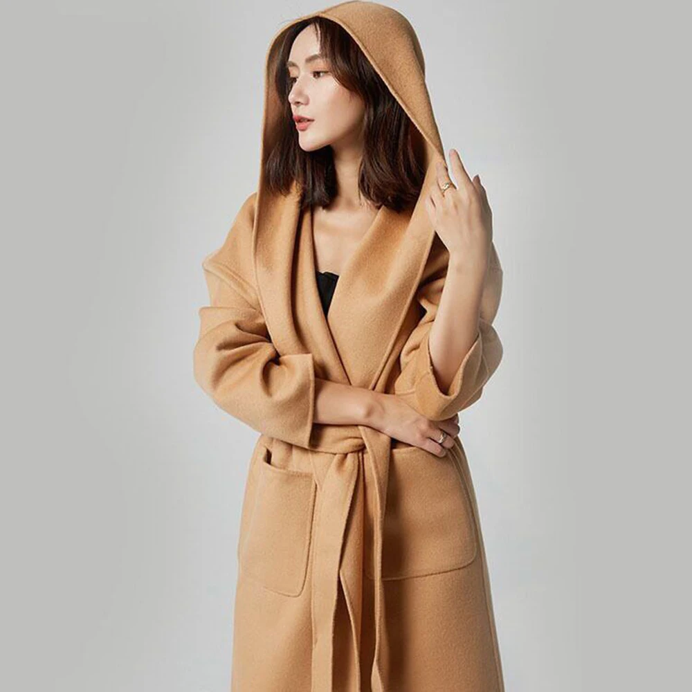 Women's Double-sided Cashmere Overcoat Medium Long Fashion Slimming Lace Up Hooded Woolen Jacket Wool Hoodie Coat Solid Color