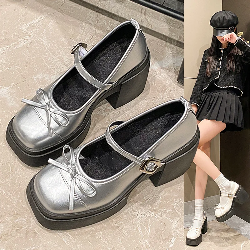 Zapatos de Mujer Estilo Coreano con Tacón Grueso y Punta Redonda, con Hebilla y Lazo de Mariposa, de Cuero PU, Primavera 2026