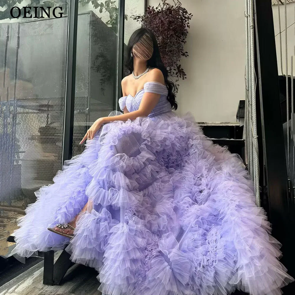 OEING Lavender A Line Evening Dresses Elegant Off The Shoulder Ruffles Tulle Prom Gowns Formal Occasion Wedding Party Dress