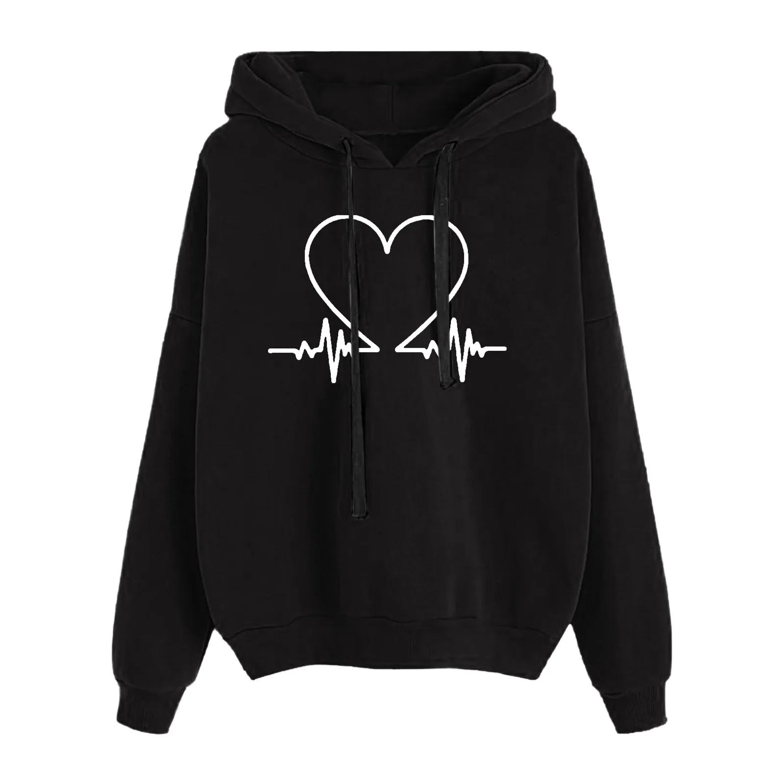 Women's Heart-shaped Printed Hooded Sweatshirts Loose Long Sleeve Drawstring Hoodie Fashionable Casual Pullover Blouses