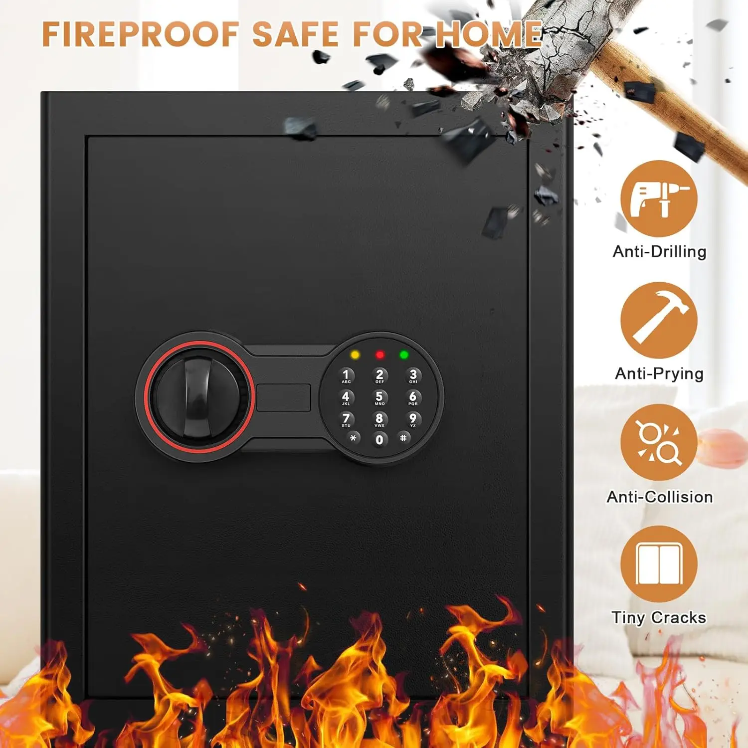 2.6 Cub Large Home Safe Fireproof Waterproof, Anti-theft Fireproof Safe Box with Programmable Keypad, Spare Keys and Removable S