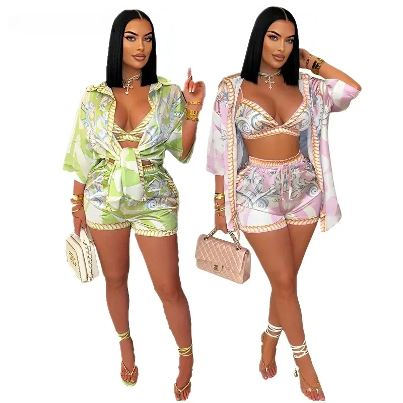 

Fashion Beach Style 3 Piece Sets Women Lapel Three Quarter Sleeve Blouse+Bra+Shorts Matching 2025 Holiday Outfits