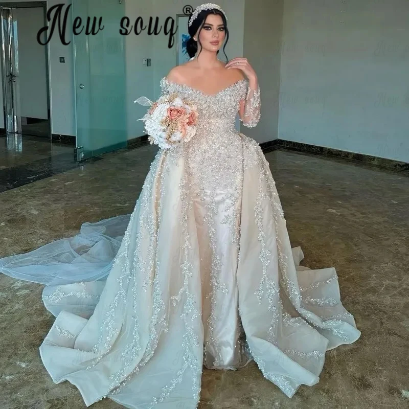 Off Shoulder Beading Wedding Dresses Long Sleeve Detachable Train Bridal Gowns Dubai Heavy Crystals 2025 Vestido De Casamento