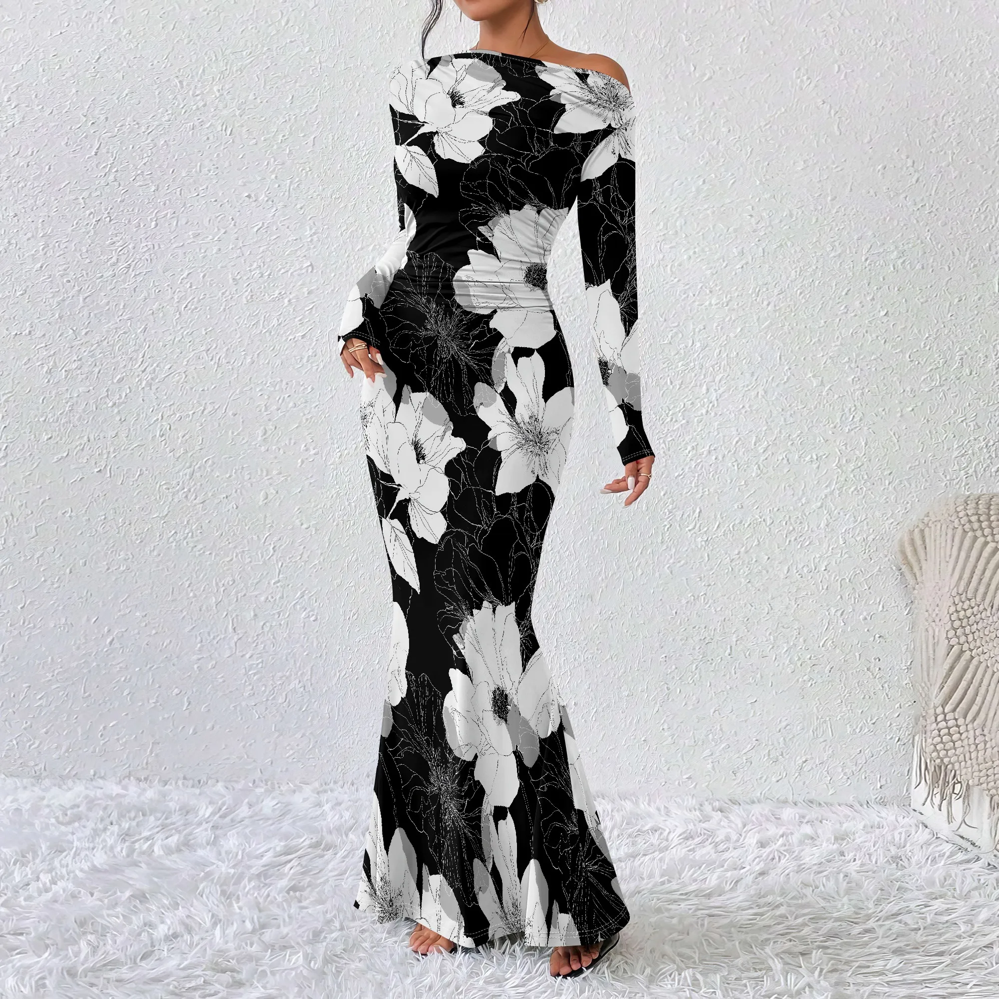 

Nupusa Black White Floral Print Dress for Women Regular Size Summer Casual Off Shoulder Long Sleeve Mermaid Maxi Dress