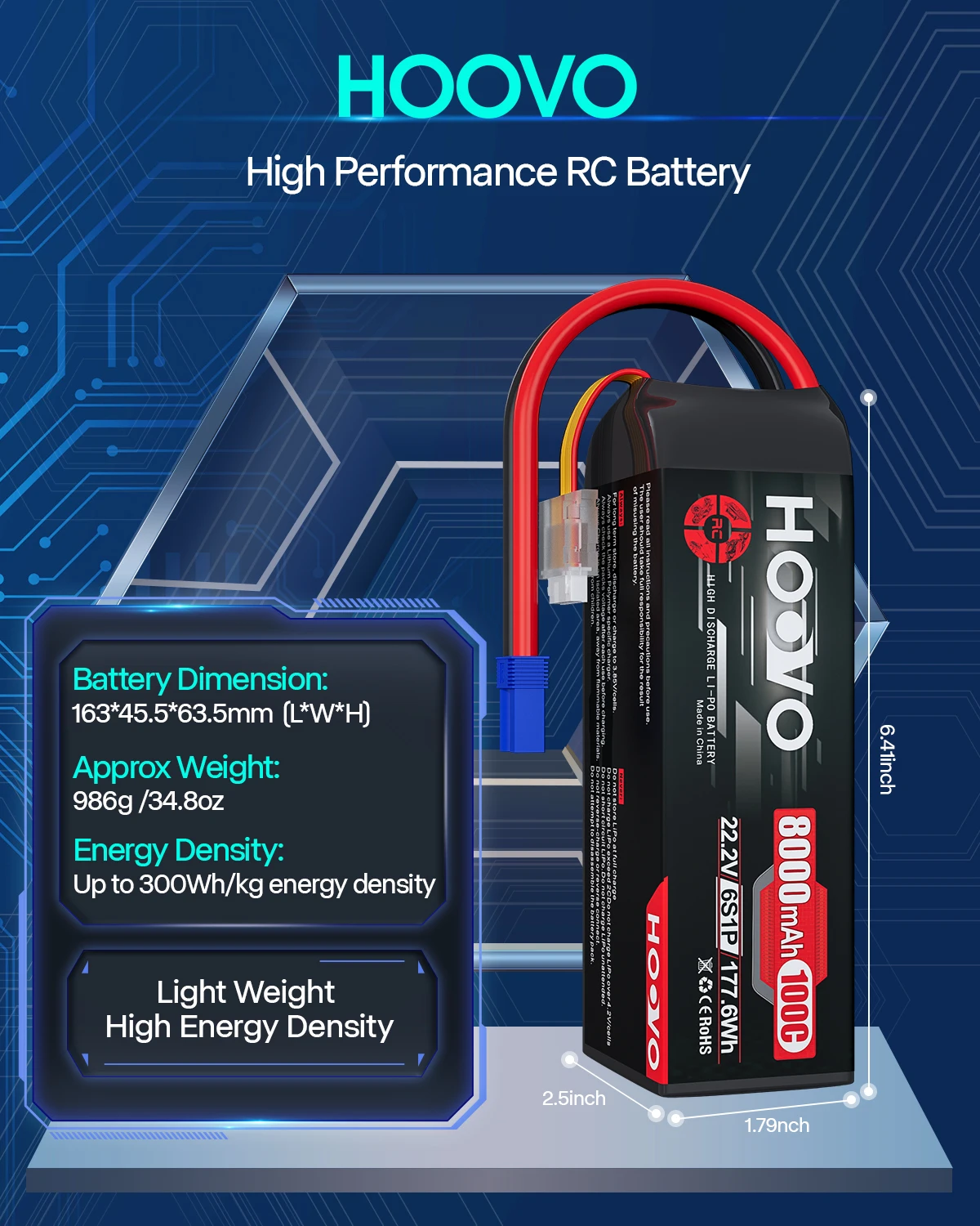 HOOVO 2Pcs 6S LiPo Battery 22.2V 8000mAh 100C RC LiPo Batteries Metal Plates with EC5 Plug with Traxxas UDR RC Car Boat Buggy