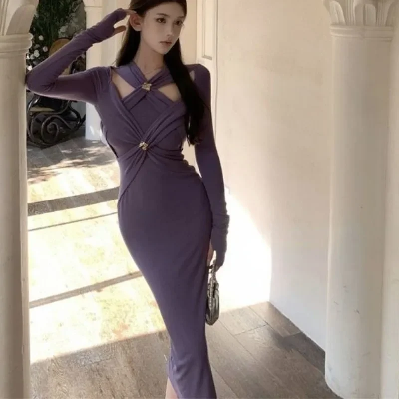 فستان Neploe الأرجواني المجوف للنساء بخصر نحيف وأكمام طويلة فساتين قاع Y2k متوسط الطول Bodycon Vestidos Mujer