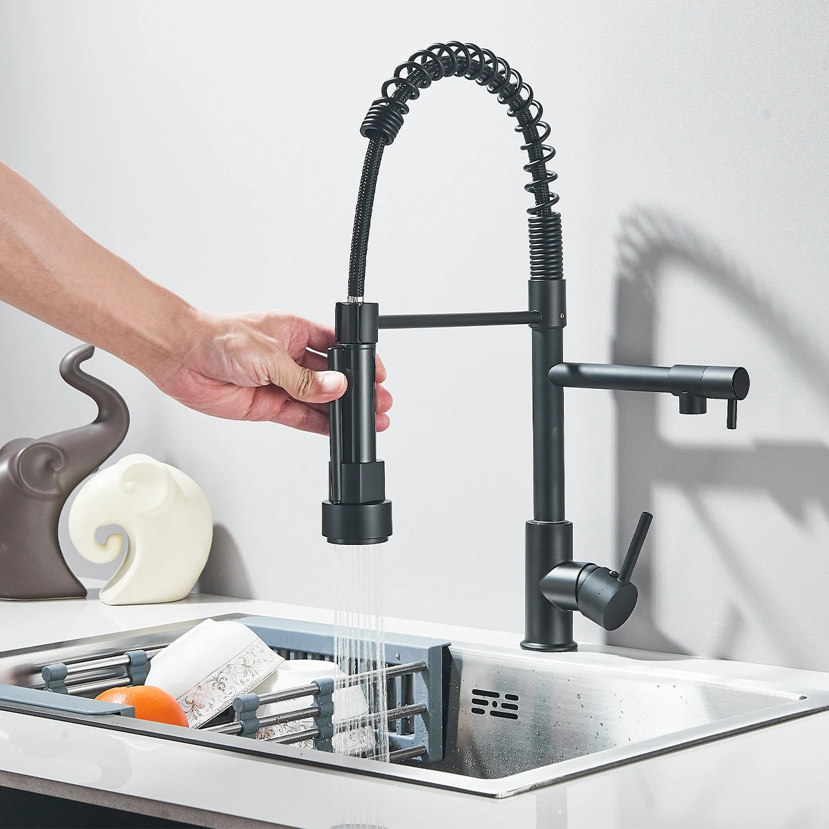 Black Pull Down Kitchen Faucet Dual Spout 360° Rotation Hot Cold Water Mixer Tap Single Handle Deck Mounted Kitchen Sink Crane