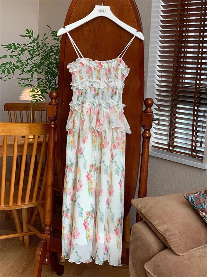 Zoet meisje print bloemen ruches lange jurken vrouwen zomer elegante stijlvolle chique spaghetti jurk strapless vestidos s-3xl