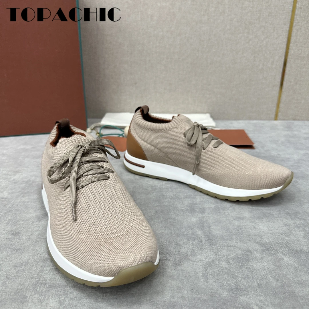 12.5 TOPACHIC Men\'s Knitted Breathable Comfortable Casual Shoes Lace-Up Solid Color Flat Sneakers Walking Shoes