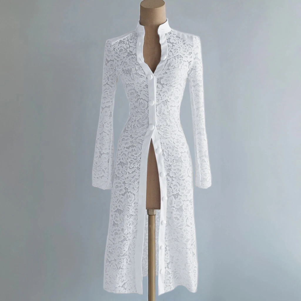 Elegantes Damen-Midikleid mit Spitze und Ausschnitten, Stehkragen, Langen Ärmeln, Hoher Taille und Einreihiger Knopfleiste