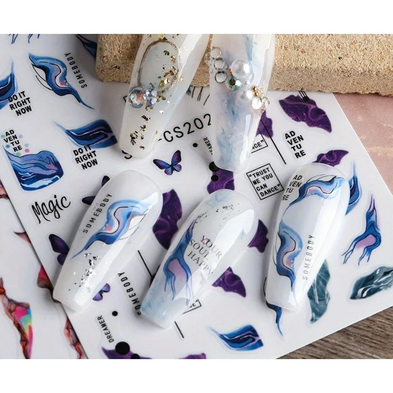 피는 대리석 네일 스티커 데칼 3D 웨이브 라인 꽃 편지 봄 디자인 매니큐어 문신 네일 아트 슬라이더 장식