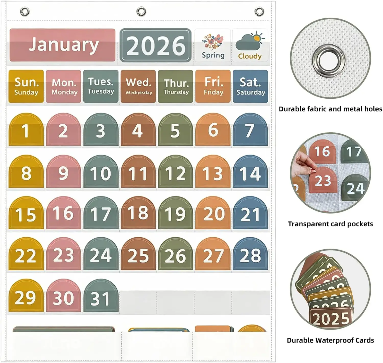 Gráfico de bolsillo grande para calendario de aula con 96 tarjetas Gráfico de bolsillo meteorológico mensual blanco para aprendizaje de niños
