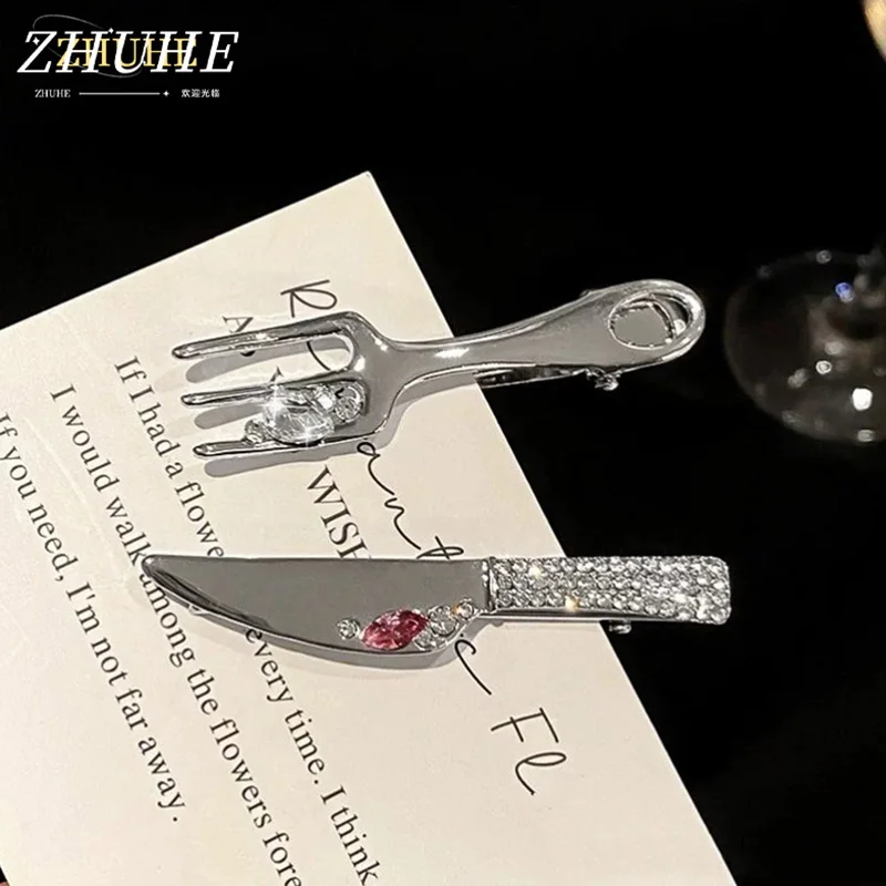 

Fashion Women Hair Barrettes, Exquisite Knife Fork Shaped Copper Material Jewelry Accessories, Shiny Crystal Inlaid Hair Clips f