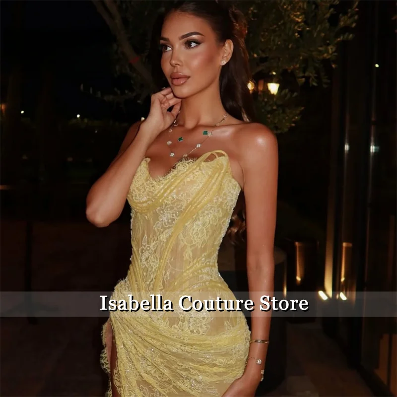 فساتين سهرة من الدانتيل، فساتين سهرة، حورية البحر الصفراء المخصصة فساتين حفلة موسيقية جميلة مخزن مثير 2025 #3