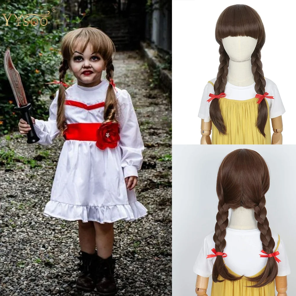 YYsoo Full Machine Made Long Brown 2 Braids Wigs With Bangs Costume Synthetic Hair Cosplay Wig Halloween Girls Use None Lace Wig