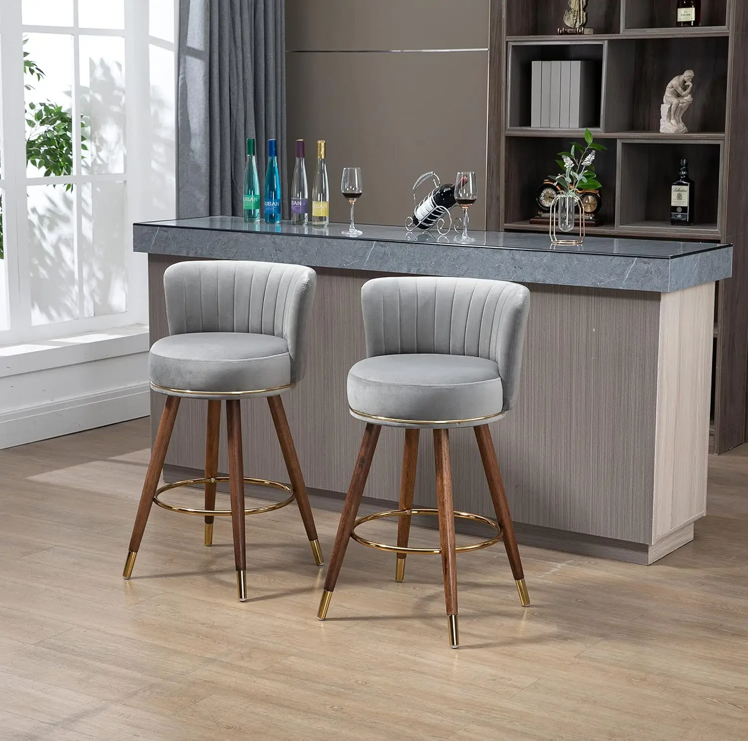 Velvet Bar Stools Set Of 2 360° Swivel Bar Stools With Back Upholstered Bar Chairs With Wood Legs And Footrest Counter Height