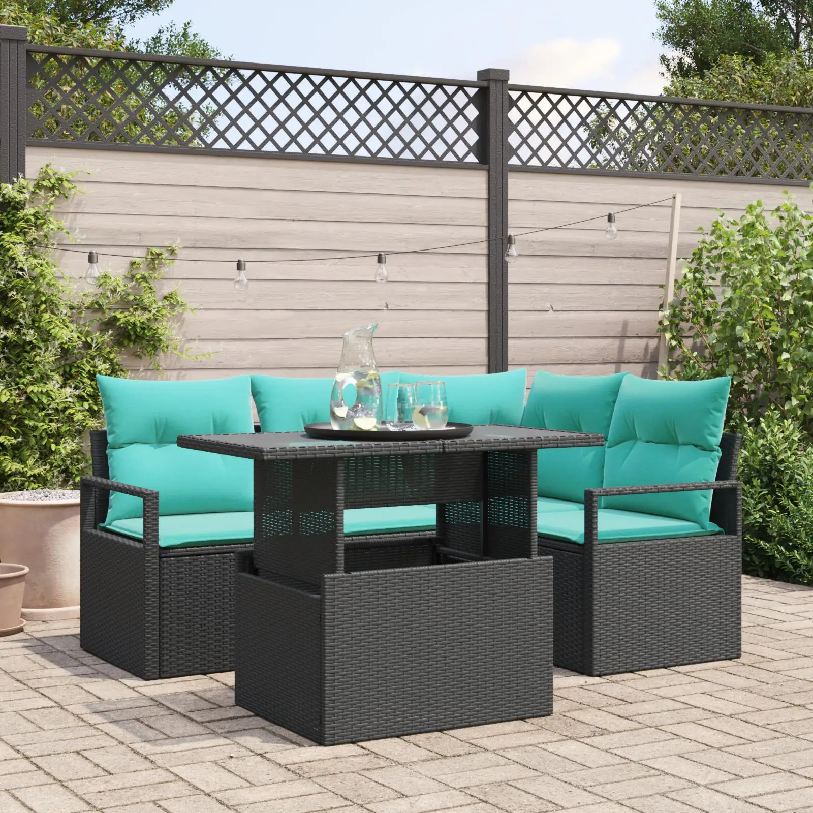 

5 Piece Outdoor Rattan Sofa Set with Cushions Black Wicker Furniture Garden Lounge Seat