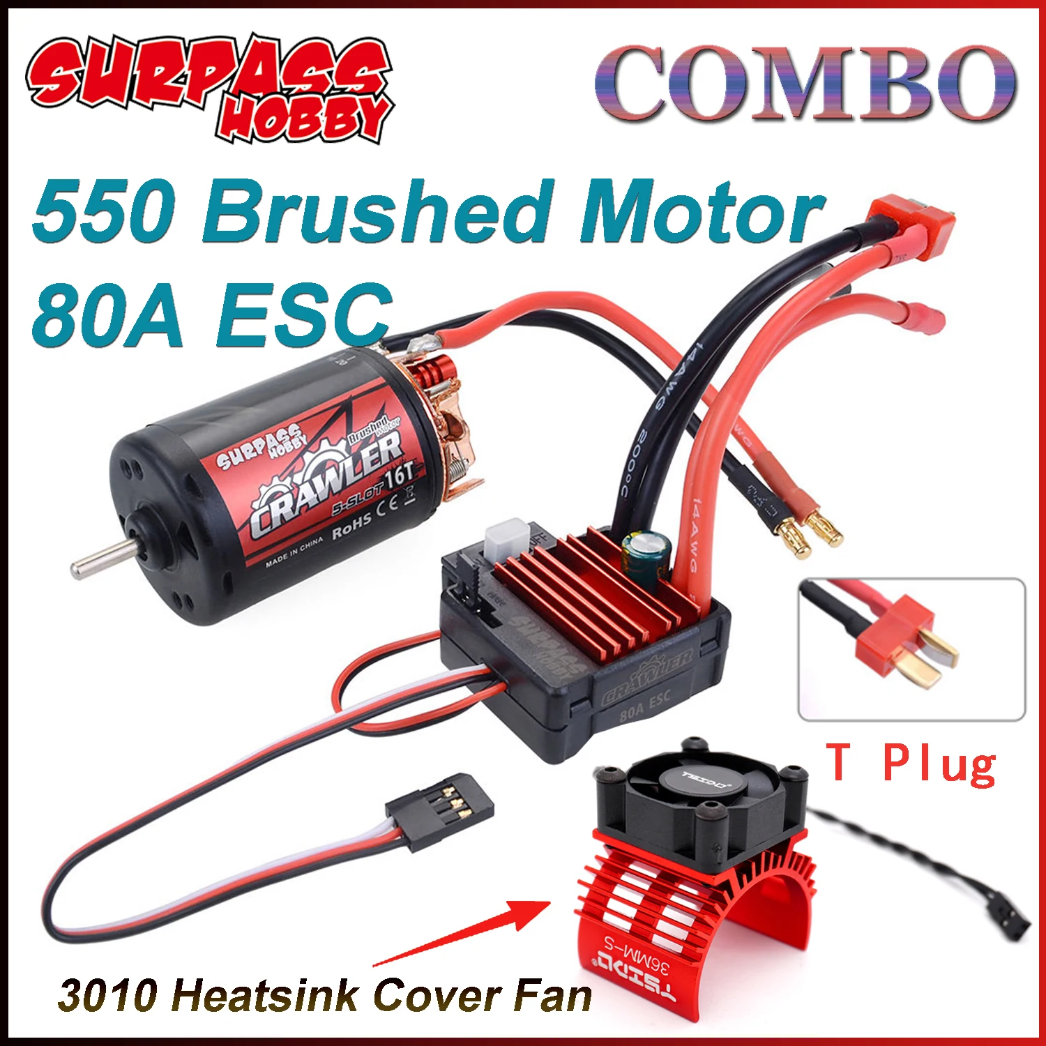

SURPASS HOBBY 550 Brushed Motor 80A ESC with 3010 Heatsink Cover Fan Combo Set for 1/10 1/12 RC Crawler Wltoys Axial Traxxas HSP