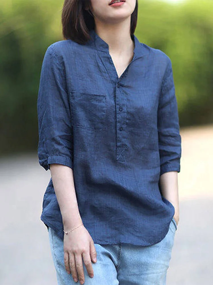 

Japanese Sle Cotton Linen ort Sve Women's irt Thin V-ne Buwheat Hulling Cotton Linen Top Summer Faion