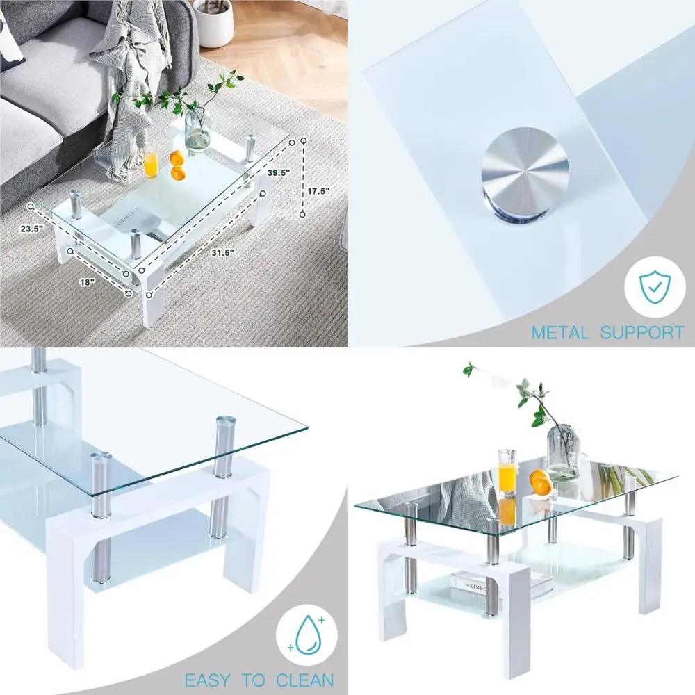 

Modern Rectangular Coffee Table with Glass Top and Wooden Legs for Living Room and Waiting Areas, White, 39.5x23.5x17.5 inches