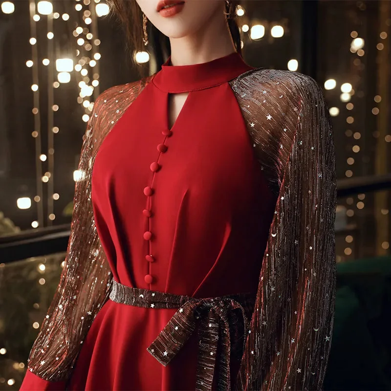 

Evening Dress Women 2024 New Temperament Banquet Spring Autumn Fashion Dress Tops Mid-Long Red Black Long Sleeve Vestidos Female