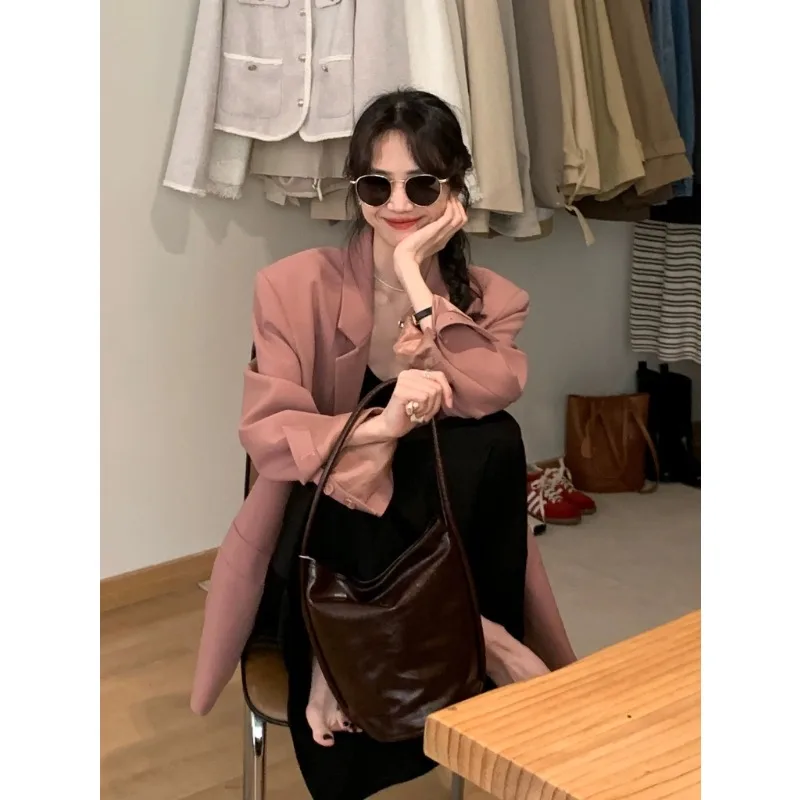 Women's Vintage Casual Short Blazer Coat Suspender Dress Set French Contrasting Loose Fitting Suit Jacket Dress Two-piece Sets