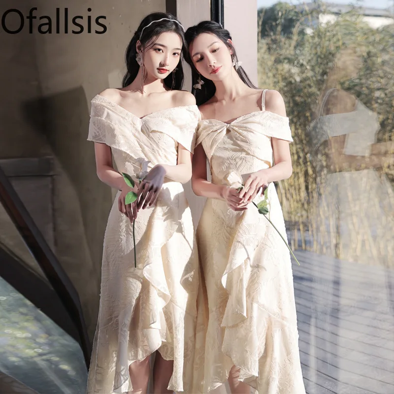 Ofallsis Champagne Off Shoulder Bridesmaid Dress 2024 New Spring Gentle Style Elegant High class Sisters Group Dresses Wedding