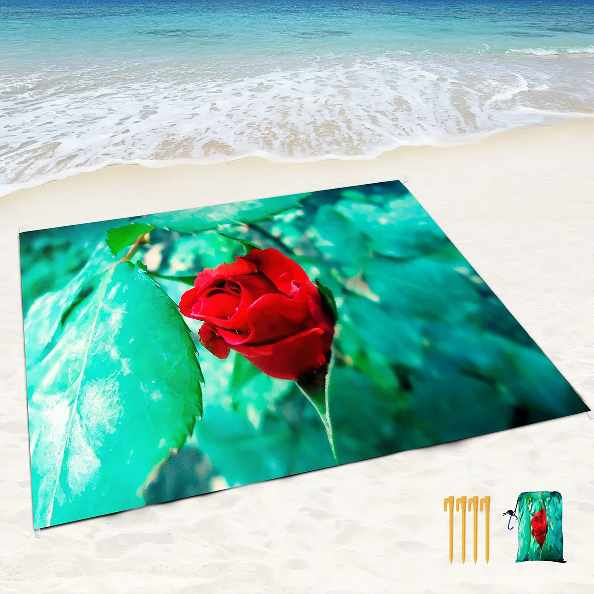 Rose Print Waterproof Sandproof Beach Blanket with 4 Stakes & 4 Corner Pockets,Lightweight Picnic Mat for Travel,Camping,Hiking