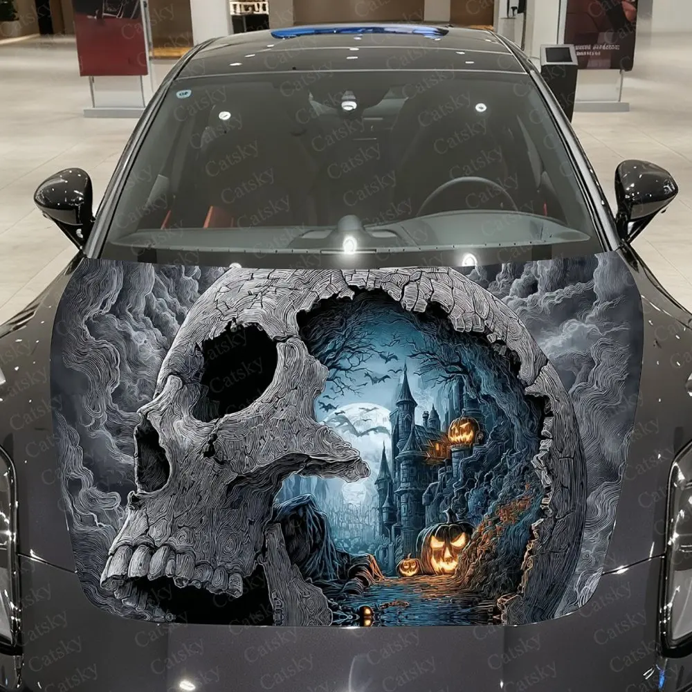 

Pumpkin Castle in Skull Car Vinyl Wrap,PVC Waterproof Car Hood Sticker, Self-Adhesive Scratch-Resistant Sticker for Engine Cover
