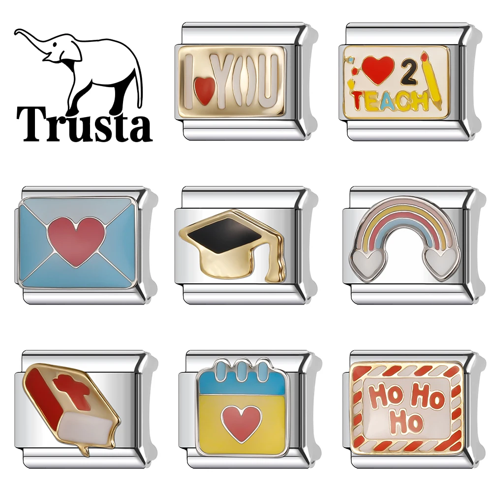 Trusta 2024 New Mortarboard I Love You Envelope Charm Italian Links 9mm Bracelet Stainless Steel for Women DIY Jewelry N024