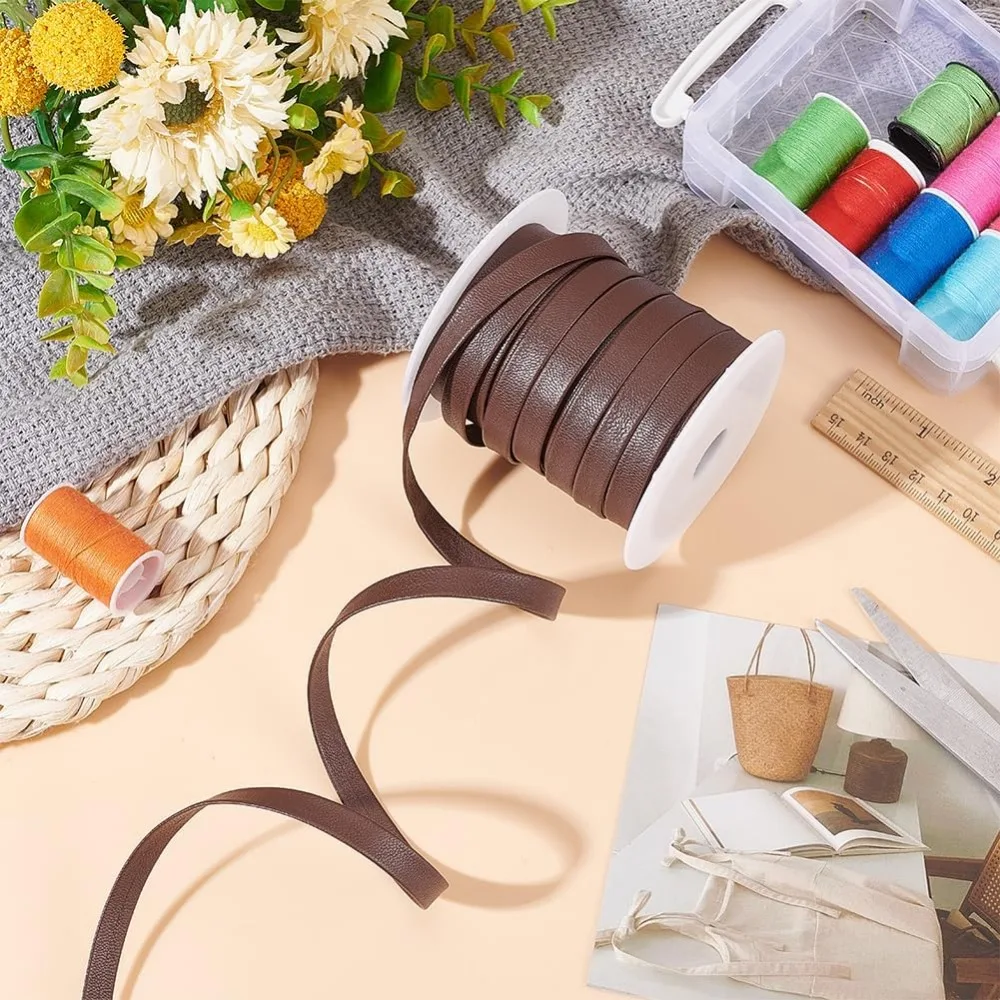 1Roll 22.5 Yards Coconut Brown Flat PU Leather Strips 10mm Leather Trimming Tape Double Sided Leather Bias Tape for Bags Shoes