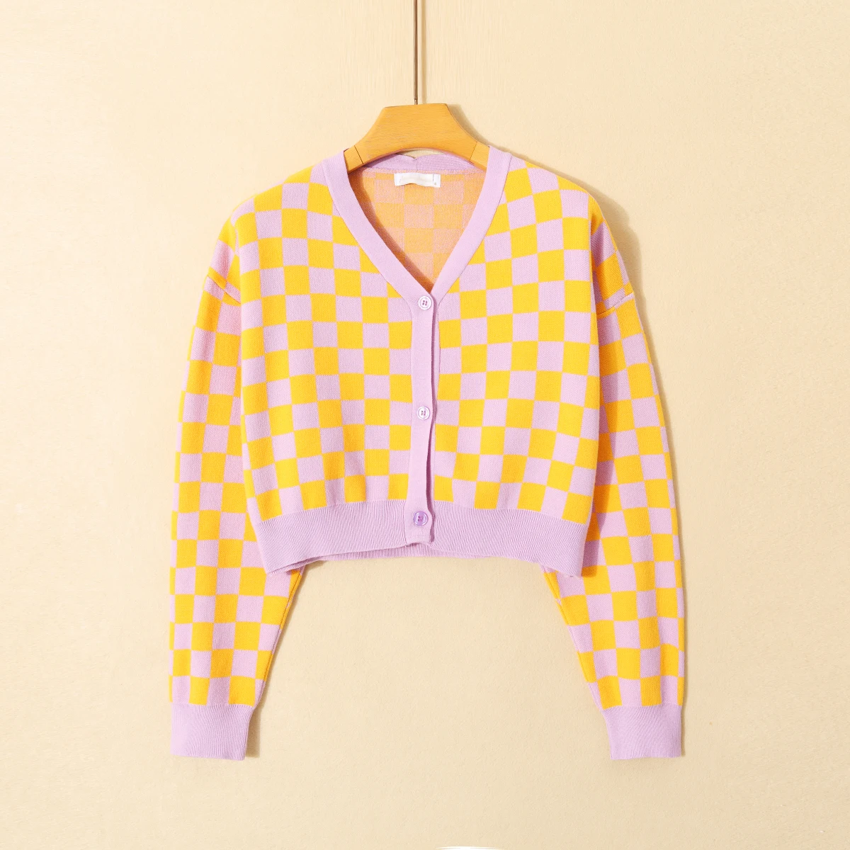 Cárdigan Abierto de Punto con Cuello en V y Estampado Retro a Cuadros para Mujer, Color Blo, Corto, Hoado, Informal, Cómo...