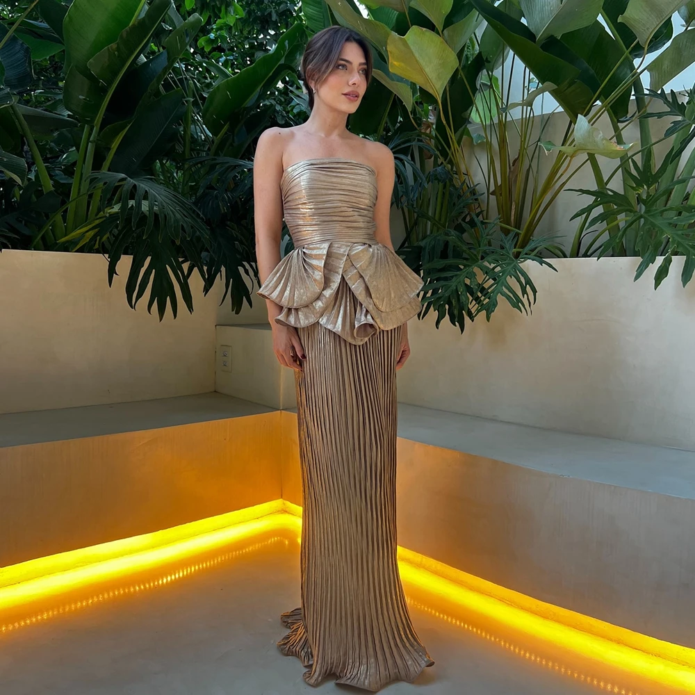 

Unique Pleated Satin Evening Dress Elegant Strapless Ruffles Lace Prom Dresses Floor Length Satin Formal Pageant Gowns