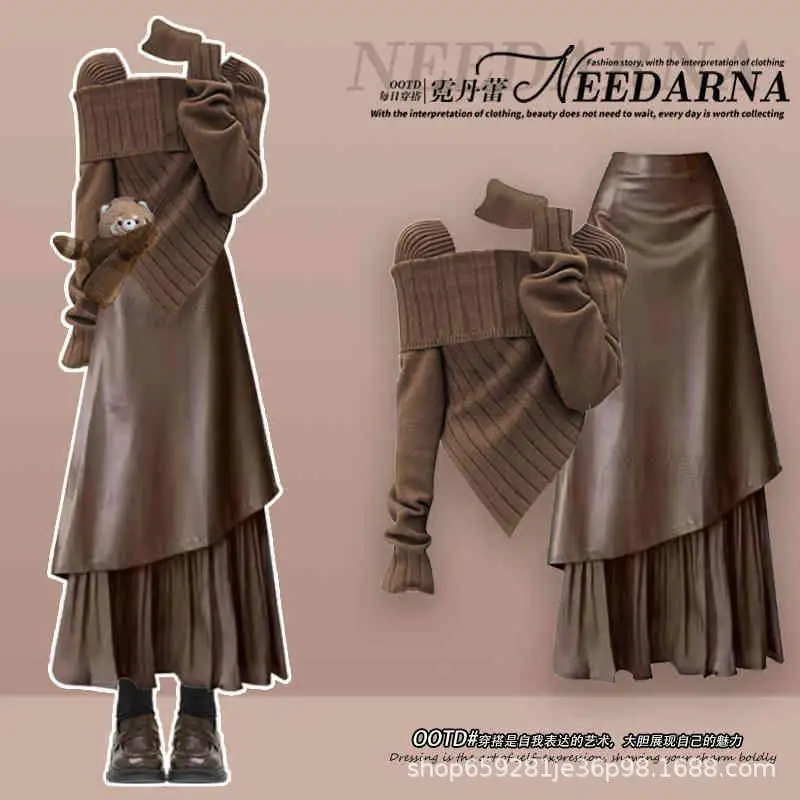 Maillard Fashion Women's Set Autumn/Winter Scarf Slim Knitted Sweater+Irregular Half Skirt Two Piece Set - Image 2