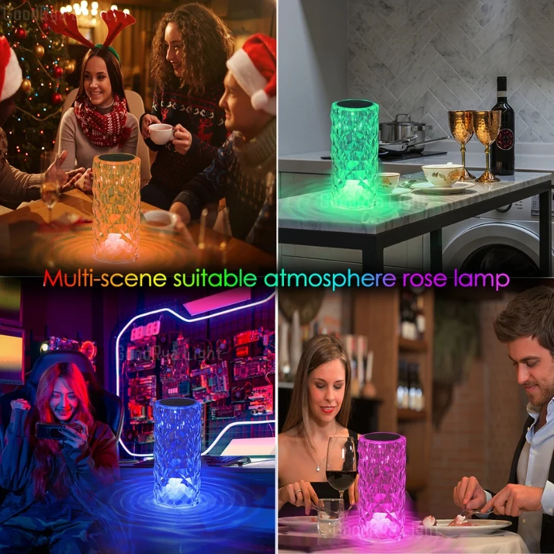 3/16 Colour LED Crystal Table Lamp Rechargeable Touch Rose Romantic Night Lamp Bedroom Bedside Lamp Living Room Bar Decoration